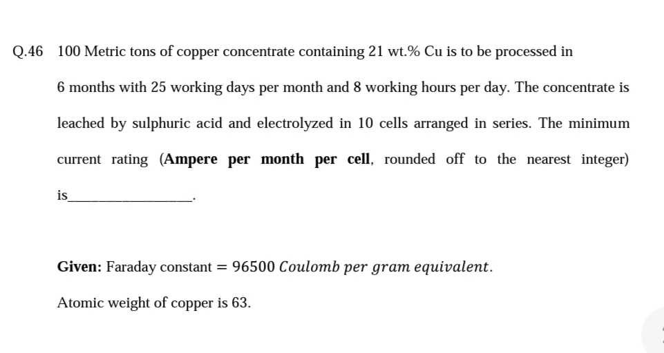 Question image for Q.46 100 Metric tons of copper concentrate contai